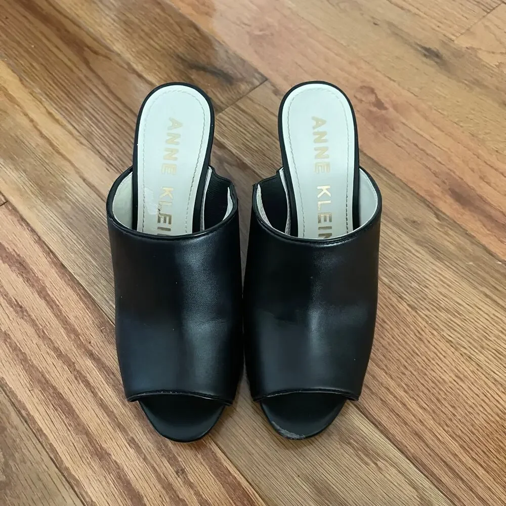 Anne Klein Tillie Block Heel Mules Womens 7.5 Medium Black Peep Toe Sandals